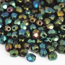 Czech Fire Polished faceted beads, 4mm round, Iris Green, 100pcs