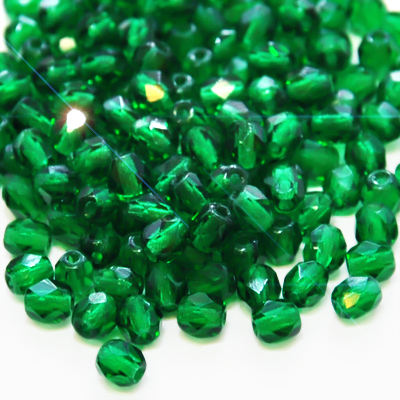 Czech Fire Polished faceted beads, 4mm round, Green Emerald, 100pcs
