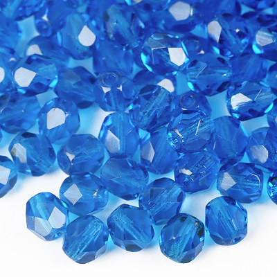 Czech Fire Polished faceted beads, 6mm round, Dark Capri Blue, 50pcs