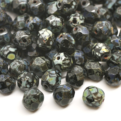 Czech Fire Polished faceted beads, 6mm round, Jet - Picasso, 50pcs